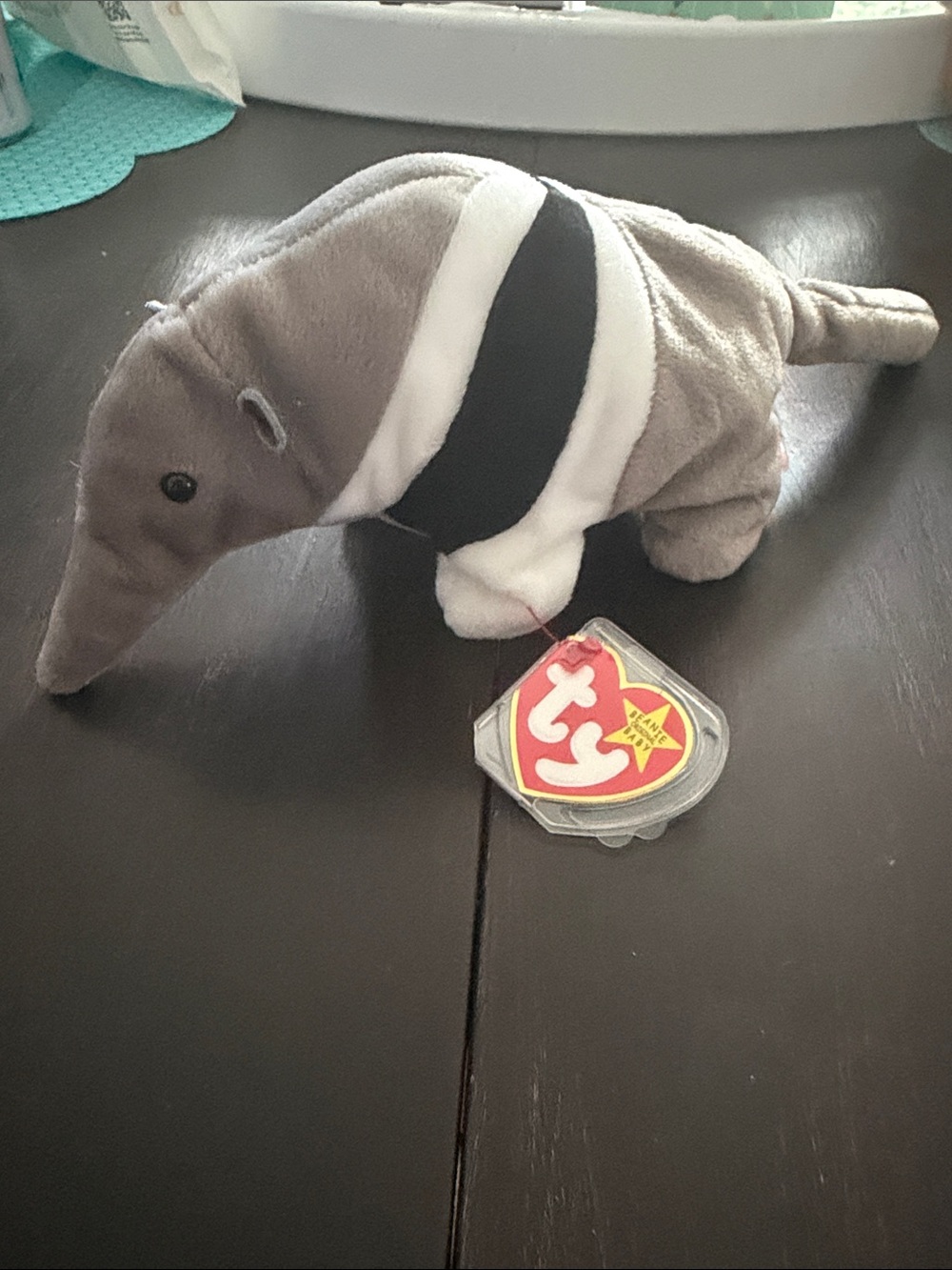 Ty Gray, White and Black Anteater Beanie Plush